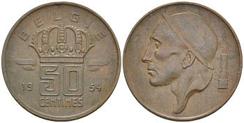 БЕЛЬГИЯ 50 САНТИМОВ 1954 BELGIE, БОДУЭН I (1951-1993) KM 145 бронза 116-1011