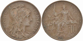 ФРАНЦИЯ 10 САНТИМОВ 1912 ТИП ДАНИЭЛЬ ДЮПЮИ KM 843, LA FRANC 136.22 бронза 109-311