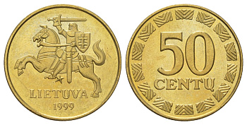 Литва 50 центов 1999 KM 108 никель латунь UNC 4624-654