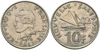 Французская Новая Каледония 10 франков 2011 рыбачья парусная лодка, (IEOM) KM 11a, Schoen 13a, Lec 99k медно-никель 65-121