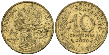 Франция 10 сантимов 2000 тип Marianne KM 929 медь алюминий никель 4609-314
