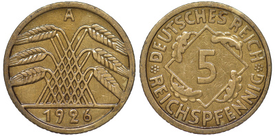 Германия 5 рейхспфеннигов 1926 A KM 39, J. 316 алюминиевая бронза 4602-1242