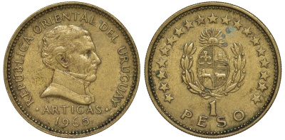 Уругвай 1 песо 1965 KM 46 алюминиевая бронза 92-827