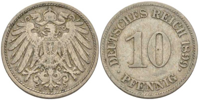 ГЕРМАНИЯ 10 ПФЕННИГОВ 1899 E KM 12, J. 13 медно-никель 4401-1117