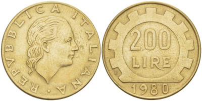 Италия 200 лир 1980 R, шестерня KM 105 алюминиевая бронза 4529-153