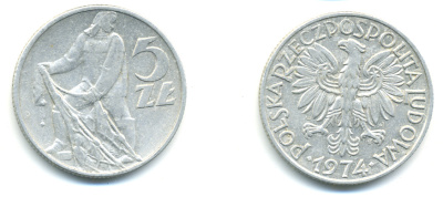 Польша 5 злотых 1974 MW, рыбак KM 47, Parchimowicz 220f алюминий 83-311