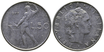 Италия 50 лир 1977 R, бог огня Вулкан у наковальни KM 95.1 сталь    4606-124