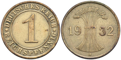 ГЕРМАНИЯ 1 РЕЙХСПФЕННИГ 1932 A KM 37, J. 313, Weege 2 бронза 4547-162