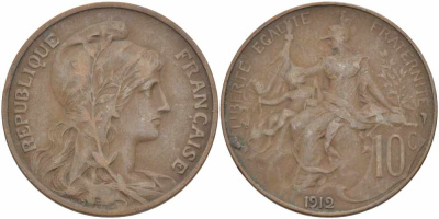ФРАНЦИЯ 10 САНТИМОВ 1912 ТИП ДАНИЭЛЬ ДЮПЮИ KM 843, LA FRANC 136.22 бронза 109-311