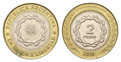 Аргентина 2 песо 2010 KM 165 биметалл aUNC 4663-843