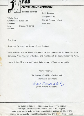 Португалия автограф 1982 фотография с автографом Франсишку Пинту Балсемау и сопроводительное письмо      8805-74-1