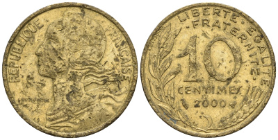 Франция 10 сантимов 2000 тип Marianne KM 929 медь алюминий никель 4609-314