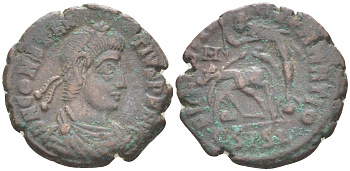 Римская Империя центенионалий 355 - 356 Констанций II, бюст императора, D N CONSTANTIVS P F AVG / император, поражающий конного варвара, FEL TEMP REPARATIO M, Сисция (1073-15-115)