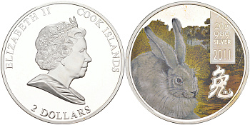 Острова Кука 2 доллара 2011 год Кролика, серый кролик, цветная эмаль KM NEW серебро PROOF 1074-1-64