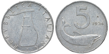 Италия 5 лир 1954 R, дельфин KM 92 алюминий 4164-426