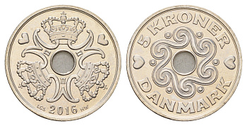 Дания 5 крон 2016 Маргрете II (1972-2024) KM 869 медно-никель UNC 119-121