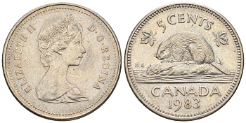 Канада 5 центов 1983 Елизавета II (1952-2022), бобер KM 60.2а медно-никель 4609-431