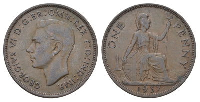Великобритания 1 пенни 1937 Георг VI (1936-1952) KM 845, Spink 4114 бронза 4536-326