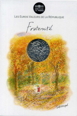 Франция 10 евро 2014 карикатуры Жан-Жака Сампе, осень-братство, дети с зонтом на велосипедах, в оригинальном буклете KM NEW серебро UNC 1-4-3-10