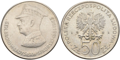 Польша 50 злотых 1981 MW, военачальники Второй мировой войны - Владислав Сикорский Y 122 медно-никель 88-723