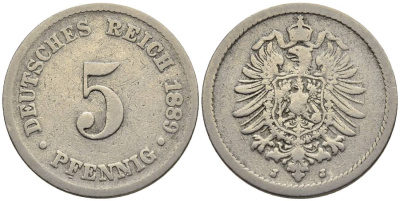ГЕРМАНИЯ 5 ПФЕННИГОВ 1889 J, СТАРОГЕРБОВКА KM 3, Jager 3, Weege 5 медно-никель 4547-316