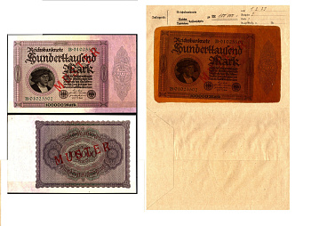 Германия 100000 марок 1923 1 февраля, MUSTER, образец, Specimen. В оригинальном банковском конверте. Из коллекции Отто Сейфферта (помощник Ялмара Шахта - министра экономики Германии и президента Рейхсбанка времен третьего рейха) Pick 83 s, Grabowski DEU 9