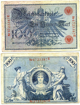 ГЕРМАНИЯ 100 МАРОК 1908 7 ФЕВРАЛЯ 1908, КРАСНАЯ ПЕЧАТЬ, ДЛИННА НОМЕРА СЕРИИ 29 ММ. Pick 33а бумага 3295-52-2