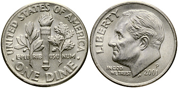 США 10 ЦЕНТОВ = 1 ДАЙМ 2001 P, РУЗВЕЛЬТ KM 195а медь плакированная медно-никелем 46-967