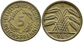 ГЕРМАНИЯ 5 РЕЙХСПФЕННИГОВ 1925 E, KM 39, J. 316 алюминиевая бронза 4387-1153
