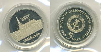 ГДР 5 марок 1989 А, Мариенкирхе в Мюльхаузене, тираж 3200 экз., в оригинальной упаковке KM 130 медь цинк никель PROOF 5-3-1-14