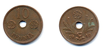 ФИНЛЯНДИЯ 10 ПЕННИ 1942 KM 33.1 медь 51-4954
