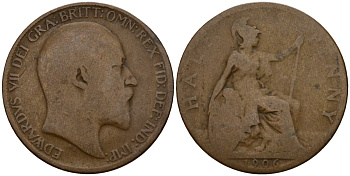 Великобритания 1/2 пенни 1906 Эдуард VII (1901-1910) KM 793.2, Spink 3991 бронза 4601-425