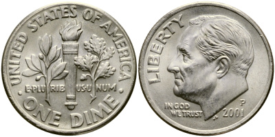 США 10 ЦЕНТОВ = 1 ДАЙМ 2001 P, РУЗВЕЛЬТ KM 195а медь плакированная медно-никелем 46-967