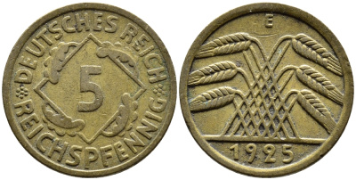 ГЕРМАНИЯ 5 РЕЙХСПФЕННИГОВ 1925 E, KM 39, J. 316 алюминиевая бронза 4387-1153