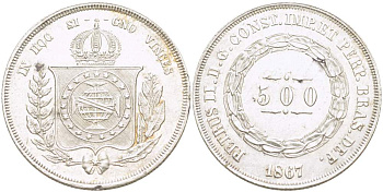 Бразилия 500 рейс 1867 Педро II (1831-1889) KM 472 серебро 00-00