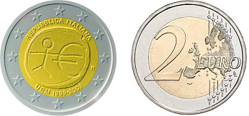 Италия 2 евро 2009 10 лет монетарной политики ЕС (EMU) и введения евро KM 312 биметалл UNC M45-03