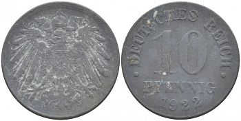 ГЕРМАНИЯ 10 ПФЕННИГОВ 1922 KM 26, J. 299 цинк 4539-1031