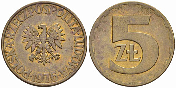 Польша 5 злотых 1976 монетный двор Ленинград (ЛМД) KM 81.1, Parchimowicz 221b латунь 60-1355
