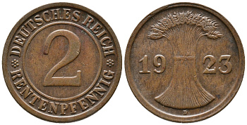 ГЕРМАНИЯ 2 РЕНТЕНПФЕННИГА 1923 D KM 31, J. 307 бронза 24-346