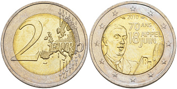 Франция 2 евро 2010 70 лет речи Шарля де Голля "Ко всем французам" KM 1676 биметалл UNC 4185-732