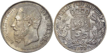 Бельгия 5 франков 1873 Леопольд II (1865-1909), позиция А KM 24 серебро 5010-943
