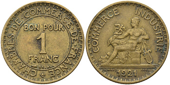 Франция 1 франк 1921 KM 876, Le Franc 218.5 алюминиевая бронза 4142-613