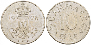 Дания 10 эре 1976 S; B, Маргрете II (1972- ) KM 860.1 медно-никель 3309-161