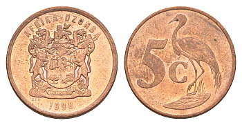 ЮАР 5 центов 1998 герб, райский журавль KM 160 сталь плакированная медью UNC 4621-622