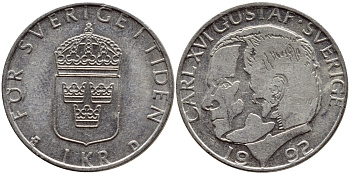 Швеция 1 крона 1992 Карл XVI Густав (1973- ) KM 852a медно-никель 4381-416