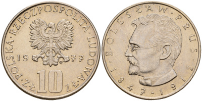 Польша 10 злотых 1977 MW, Болеслав Прус KM 73 медно-никель  UNC  4601-1114