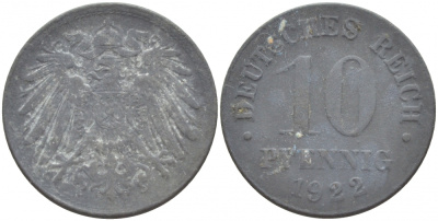 ГЕРМАНИЯ 10 ПФЕННИГОВ 1922 KM 26, J. 299 цинк 4539-1031