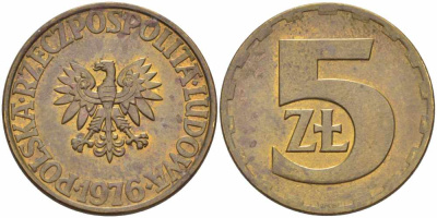 Польша 5 злотых 1976 монетный двор Ленинград (ЛМД) KM 81.1, Parchimowicz 221b латунь 60-1355