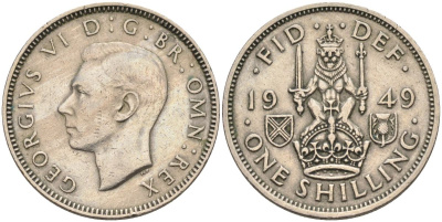 Великобритания 1 шиллинг 1949 Георг VI (1936-1952), Шотландский герб KM 877, Spink 4109 медно-никель 4116-826