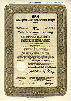 Германия 1000 рейхсмарок 1943 АО топливных заводов, Дрезден, также известное как AKA, 4%частичное обязательство, серия V, облигация   бумага   8802-54-1